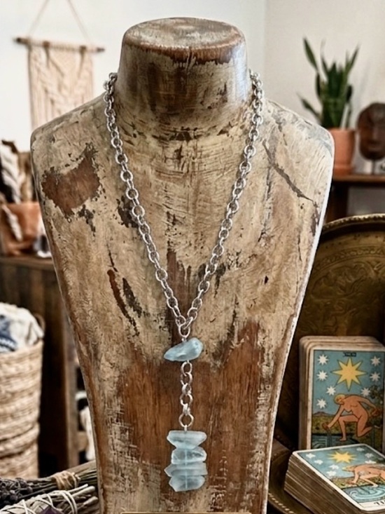 Artisan Jewelry - Bohemian stainless steel Chain Necklace with Light Blue Aquamarine Stones